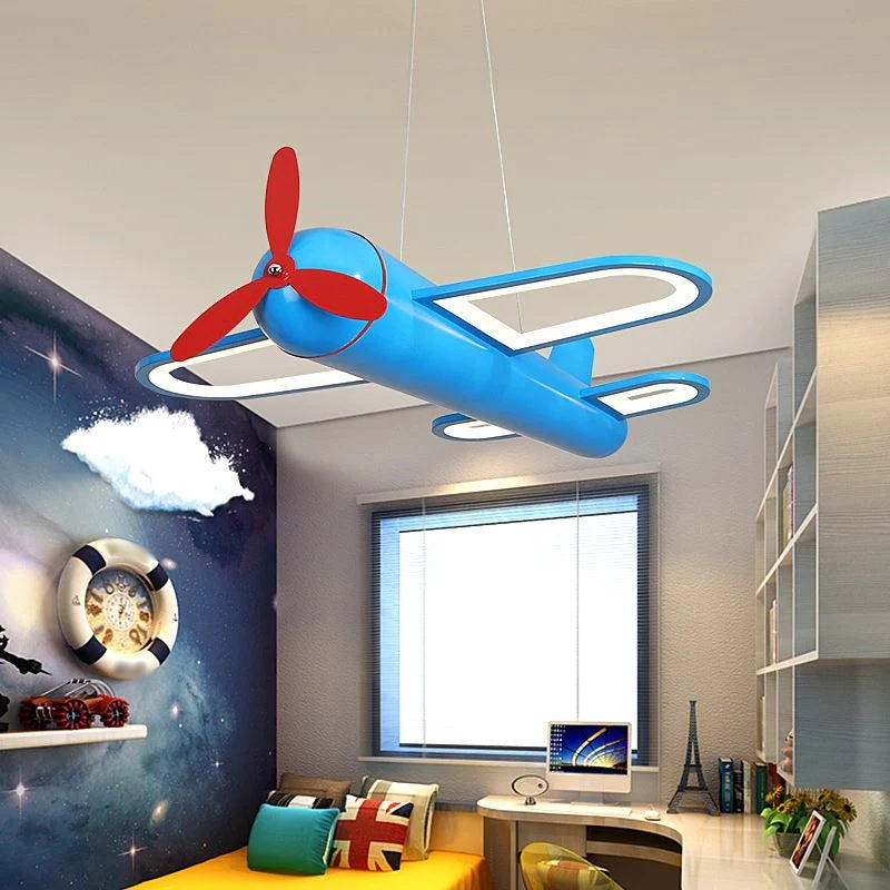 Childrens Airplane Metal Pendant Light Yellow/Blue