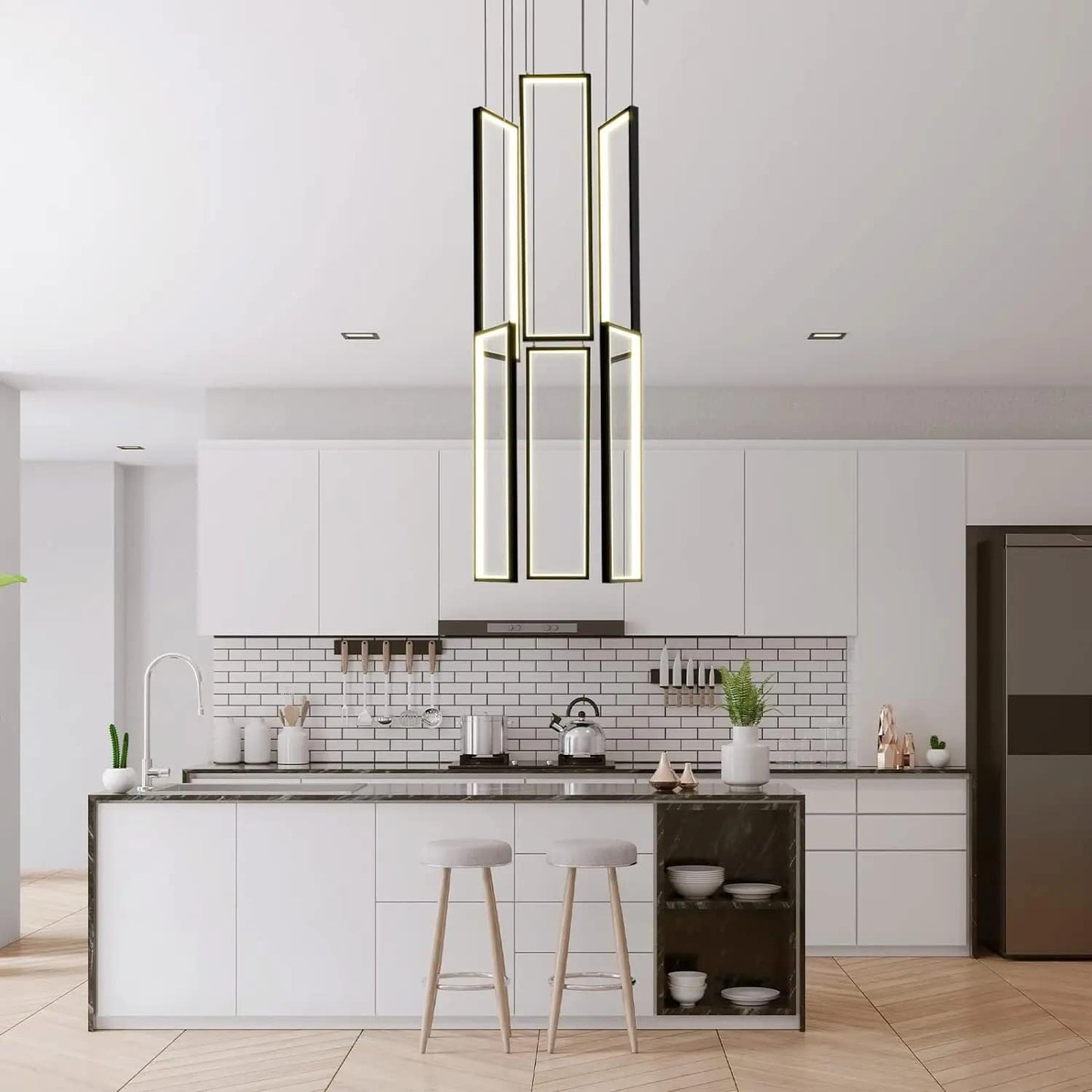 Modern Led Chandelier Adjustable Black 6 Rings Rectangle